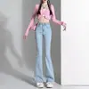 Calça jeans flare de cor clara para mulheres, novo modelo primavera-verão 2026, cintura alta, modeladora, comprimento total, calça boca de sino bootcut para pessoas altas