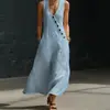 Primavera Verão 2026 TikTok Transfronteiriço Europa América Estilo Preguiçoso Decote V Botões Sem Mangas Colete Algodão Linho Vestido Casual