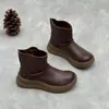 Sapatos de Inverno Originais Feitos à Mão em Couro Genuíno e Algodão, Botas de Neve com Solado Grosso, Couro Bovino de Primeira Camada, Botas Quentes de Algodão com Forro de Lã, Botas Casuais Femininas