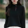 Camiseta base de punto con botones y cuello semi-alto de colores para mujer, nuevo suéter pullover cálido, elegante y chic para otoño e invierno
