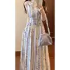 Vestido largo sin mangas francés estampado floral raya de verano estilo nuevo estilo suave poliéster corte ajustado