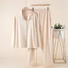 Distribuido y enviado en nombre de otros: Ropa de casa para mujer de gasa de algodón puro para primavera y otoño, con cuello, estampada, de manga larga, pantalón largo, pijama cómodo para casa