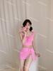[4 Colores] Estilo Ins Coreano Color Caramelo Estilo Puro Brillo Top Tubo Cordón Mangas Abullonadas Falda de Tres Piezas con Abertura Traje de Baño para Mujer