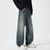 Jeans retro americanos de corte curvo azul lavado desgastado para hombre, nuevo estilo de otoño, pantalones rectos holgados de pierna ancha