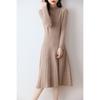 Vestido de punto de lana pura con cuello medio alto para mujer, otoño e invierno, nuevo, vestido de suéter hasta la rodilla de longitud media, falda acampanada adelgazante de corte A.