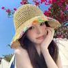 Sombrero de Vacaciones en la Playa con Protección Solar y Flores, Nuevo Sombrero de Sol de Verano Tejido Hueco Lindo con Ala Ancha, Sombrero de Pescador