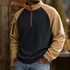 Nueva camiseta tipo polo de forro polar con bloques de color para hombre, otoño/invierno, con media cremallera y cuello alto, corte holgado, manga larga