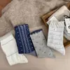 Novidade Outono Estilo Coreano Azul Sal Marinho Renda de Orelha de Madeira Meia de Cano Médio Feminina Retrô Versátil Sem Costura Estilo Floresta Estilo Acadêmico Algodão Empilhado
