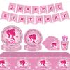 Nueva vajilla de dibujos animados de Barbie, suministros para fiestas de cumpleaños de niñas Babbie, plato de papel, vaso de papel, mantel de papel, bandera extraíble