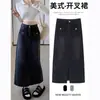Saia Jeans Cinza Preta Feminina Primavera e Outono Comprimento Médio Estilo Americano Retrô Cintura Alta Linha A Fenda no Quadril Saia Tubinho