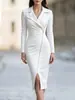 Nuevo estilo europeo y americano de Amazon/AliExpress: Vestido con cuello de traje, manga larga, cierre de cremallera y abertura, para ocasiones elegantes en el lugar de trabajo y banquetes.