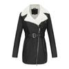 23 otoño e invierno Nuevo abrigo de cuero con forro polar de manga larga para mujer, solapa, cremallera de doble sentido con cinturón, abrigo cálido, Europeo y Americano Amazon