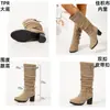Botas de Tacón Grueso con Hebilla Modelo Nuevo 2026, Botas Largas para Mujer, Cremallera Lateral, Botas de Caña Alta Fruncidas con Tacón de Bloque