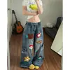 Bordado Sabre Toalha Patchwork Azul Calças Jeans Desenho Animado Homens Mulheres Gatos Cachorros Calças de Perna Reta Retrô Americano Lavado Soltas