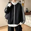 Diseño de marca retro de ajuste holgado y moderno, sudadera de bloques de color estilo americano, chaqueta deportiva de otoño para hombre con cuello alto, cárdigan abierto, a rayas