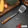 Espátula colher de aço inoxidável colher de mexer para casa espátula colher espátula de cozinha peneira espessa anti-queimadura padrão de madeira conjunto de utensílios de cozinha