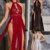 Suministro Transfronterizo Europeo y Americano Nuevo Sexy Malla Estampada Cuello Halter Falda Larga Traje Sexy Venta al por Mayor