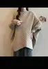 Top irregular de estilo europeu e americano com mangas morcego, suéter de tricô feminino, pulôver de caimento solto que cobre a barriga, plus size, gola alta