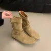 Botas Martin de punta redonda con hebilla elevadora de altura estilo coreano retro para mujer, nuevas botas tobilleras de gamuza otoño e invierno 2026, botas de motociclista