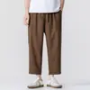 Pantalones Casuales Sueltos de Lino de Imitación Finos de Verano Talla Grande Estilo Japonés Pantalones Rectos de Nueve Puntos Retro Tendencia para Hombre Estilo Chino