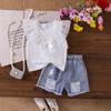 Terno Infantil Transfronteiriço Amazon Europeu e Americano Verão Novo Estilo Camiseta de Manga Voadora em Malha Terno de Shorts Jeans Lavados e Rasgados