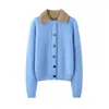 Novo Estilo Outono e Inverno Gola Polo Removível Tricô Duplo Retrô Azul Mela Suéter Cardigan de Caxemira