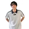 Camisa Polo Listrada Azul Marinho de Verão com Meio Zíper para Homens, Estilo Universitário, Camiseta de Manga Curta Pesada com Toque de Luxo