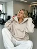 Europa Transfronteriza Casual Comercio Exterior Ropa de Mujer Color Sólido Holgado Media Cremallera Solapa Grande Hombro Caído Bolsillo Sudadera con Capucha