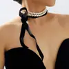 Collar de Perlas con Lazo Retro Barroco Francés, Elegante Cinta Afelpada, Cadena Clavicular de Lujo Ligero