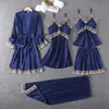 Lencería Sexy Popular Europea y Americana Liguero Sexy de Encaje Pantalones Cortos de Encaje Cárdigan Bata de Casa Ropa para el Hogar de Cuatro Piezas