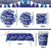 En stock decoración de fiesta de globos azules suministros vajilla desechable platos de papel vasos de papel banderines globos set para evento de fiesta