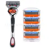 Aparelho de barbear manual importado masculino com lâminas de cinco camadas, cabeça de reposição laranja e cabo metálico prateado-branco articulado