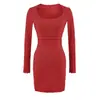Vestido de Punto Cuadrado Dulce Coreano de Manga Larga para Mujer, Capa Interior de Otoño Ajustada, Adelgazante y Pura Seducción, Vestido Largo Bodycon