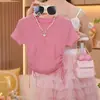 Vestido de Tule Degradê para Meninas 2026 Novo Estilo de Verão para Crianças Maiores, Camiseta com Cordão na Cintura, Vestido Longo em Camadas, Conjunto Doce