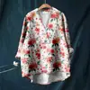 Camisa Feminina de Manga Longa com Estampa Digital 3D e Decote V, Estilo Europeu e Americano, Designer Independente, Camisa Casual