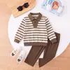Roupa Infantil 2026 Outono Novo Terno para Meninos Polo Listrado Waffle Manga Longa Moda Conjunto de Duas Peças Outono para Crianças