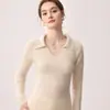 Suéter de gola polo 100% cashmere puro para mulheres, corte justo, elegante, adequado para o trabalho, camada base de malha