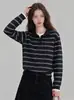 Camisa Polo Listrada Estilo Relaxado para Mulheres Outono 2026 Nova Solta Emagrecedora Casual Versátil Camiseta de Manga Longa