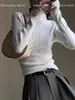 Top Base de Tricô Azul Gola Meia-Alta Estilo Coreano para Mulheres, Outono/Inverno, Slim Fit, Elegante, Roupa Íntima, Suéter Macio e Fofo de Alta Qualidade