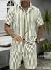 Traje de camisa de manga corta a rayas verticales retro de estilo europeo y americano de marca de moda transfronteriza, top con solapa y cordón elástico, pantalones cortos de cinco puntos