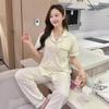 Pijama Feminina Simples de Cardigã Doce para o Verão, Calças de Manga Curta, Roupa de Casa, Roupa Externa, Transfronteiriça