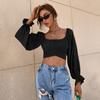 Primavera/Verano 2026 Nuevo Estilo Europeo y Americano Sexy y Elegante Anudado Ajustado Cuello Cuadrado Ultracorto Manga Larga Camisa Top de Mujer