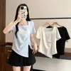 Blusa Juvenil Elegante de Verano 2026, Estilo Nuevo, Cuello Cuadrado, Adelgazante, Dobladillo Irregular, Manga Corta