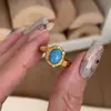 Anillo de Lujo Francés Antiguo con Taladro de Punto y Dibujo de Hilo Turquesa de Imitación para Mujer, Anillo Azul Suelto Retro de Gama Alta de Nicho