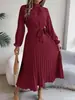 Amazon Transfronterizo Primavera y Otoño Nueva Ropa de Mujer Color Sólido Cuello Alto Manga Larga Cintura Plisada Ceñidor Elegante Vestido
