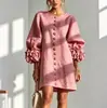 Moda Transfronteriza Europea y Americana 2026 Vestido Corto Redondo de Color Sólido con Mangas de Farolillo de Flor Tridimensional Francesa para Mujer con Temperamento para Fiesta