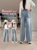 Pantalones de Pierna Ancha de Mezclilla para Niñas, Moda Primavera y Otoño 2026 Estilo Nuevo, Pantalones Largos Casuales para Niños Mayores, Pantalones Rectos de Otoño para Niños