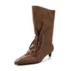 Botines para Mujer de Caña Media con Correas Finas y Tacón de Gato, Nuevo Estilo Otoño e Invierno, Piel Genuina, Punta Fina, Tacón Medio, Caña Ancha, Botas sin Cierre