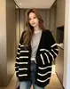 Cárdigan de punto de longitud media a rayas con bloques de color transfronterizos, estilo retro europeo y americano, nuevo abrigo suéter holgado de cuello en V para otoño e invierno
