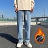Jeans rectos de tiro alto estilo americano para adolescentes, con forro polar, engrosados, cálidos, holgados, de pierna ancha, para el suelo, para hombre